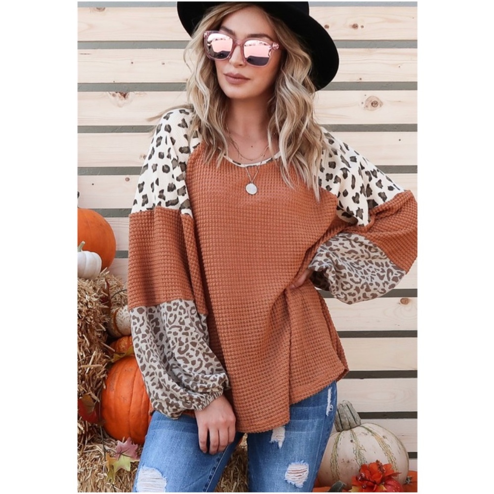 Leopard print color block balloon long sleeve top